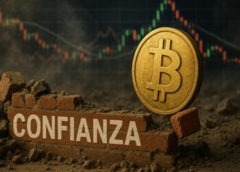 Moneda física de bitcoin reconstruyendo un muro que dice "confianza", con gráficas mixtas en el fondo.