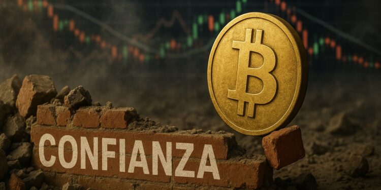 Moneda física de bitcoin reconstruyendo un muro que dice "confianza", con gráficas mixtas en el fondo.