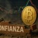 Moneda física de bitcoin reconstruyendo un muro que dice "confianza", con gráficas mixtas en el fondo.