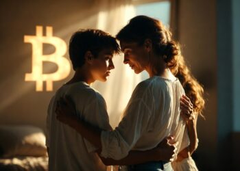 Una mujer abraza a sus dos hijos en su casa. Al fondo aparece un logo de Bitcoin.