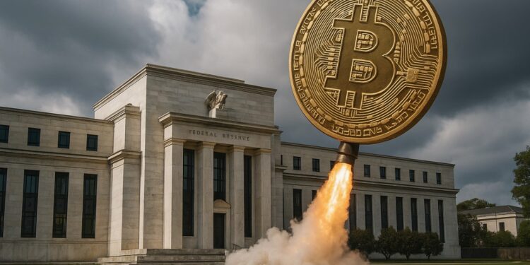 Moneda física de bitcoin dorada como un cohete despegando en los jardines de la Reserva Federal de EE. UU.