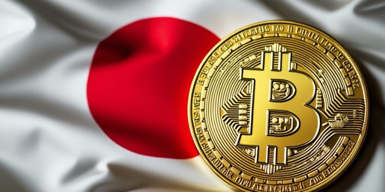 Un bitcoin sobre la bandera de Japón.