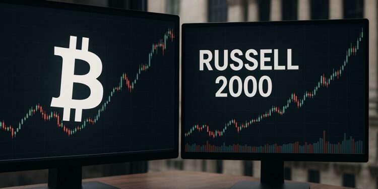 Dos pantallas muestran gráficos bursátiles: a la izquierda, el símbolo de Bitcoin con un gráfico de velas en alza; a la derecha, el índice Russell 2000.