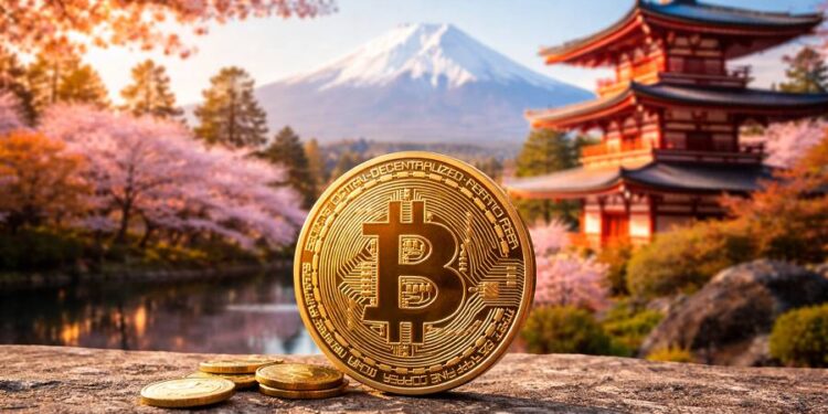 Moneda de bitcoin en primer plano y un paisaje típicamente japonés en el fondo.