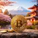 Moneda de bitcoin en primer plano y un paisaje típicamente japonés en el fondo.