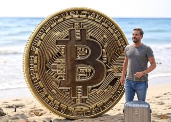 Bitcoin, una playa y una persona contenta con una valija yéndose de vacaciones.
