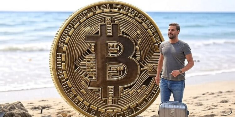 Bitcoin, una playa y una persona contenta con una valija yéndose de vacaciones.