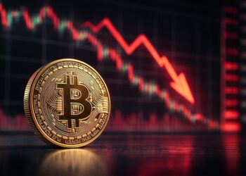 Moneda física de bitcoin dorada con gráficas en rojo de fondo.