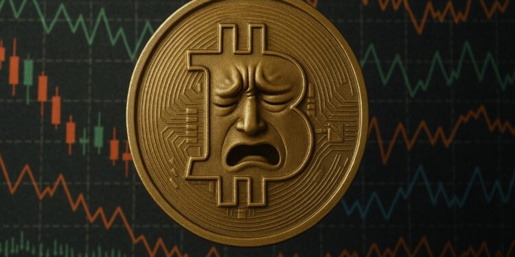 Moneda física de bitcoin dorada con una cara de dolor y de fondo gráficas de mercado.
