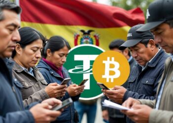 Personas comprando USDT y bitcoin, con detrás la bandera de Bolivia.