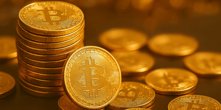 Varias monedas doradas de bitcoin apiladas y dispersas sobre una superficie brillante, iluminadas.