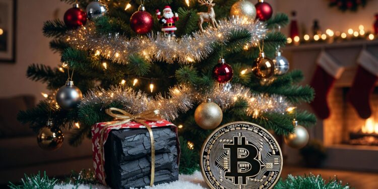 Debajo de un árbol de navidad hay una moneda física de bitcoin junto a un trozo de carbón.