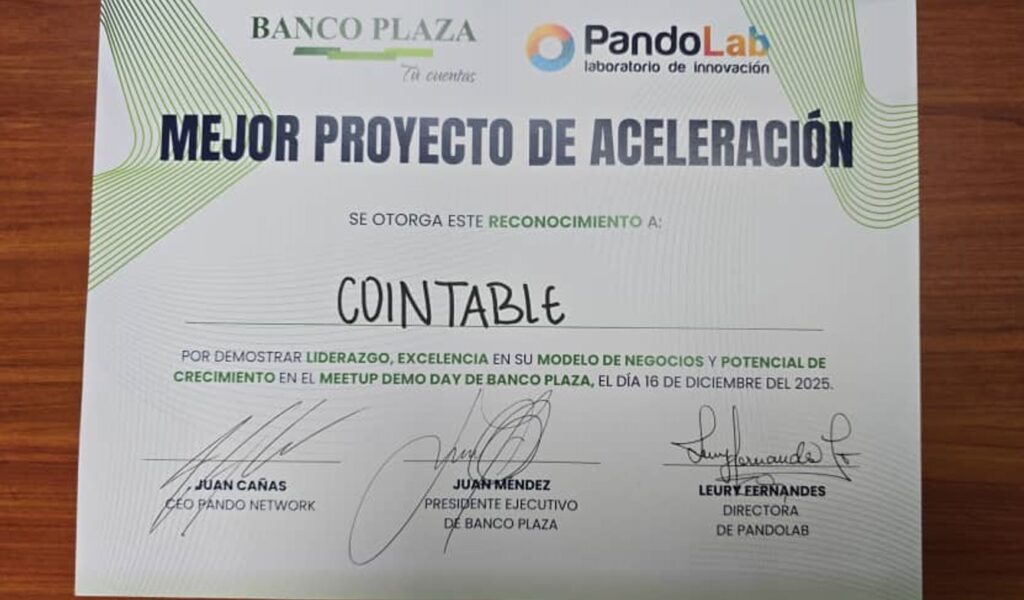 Fotografía del diploma recibido por el equipo de Cointable.