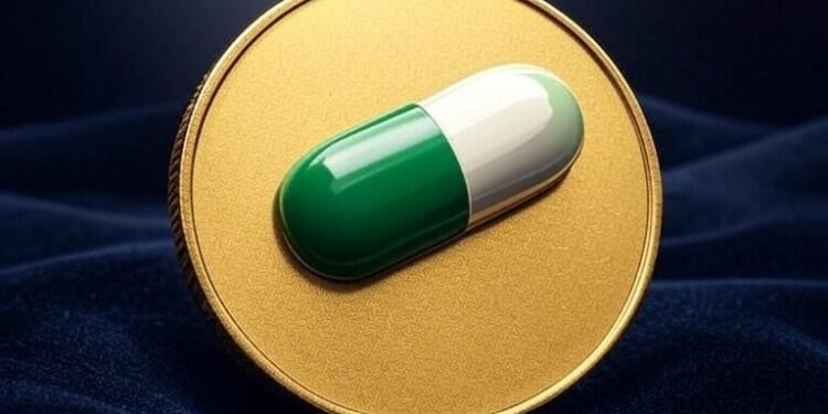 Una moneda dorada con una píldora verde y blanca encima.
