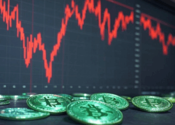 Monedas físicas verdes delante de un gráfico de precios con velas rojas.