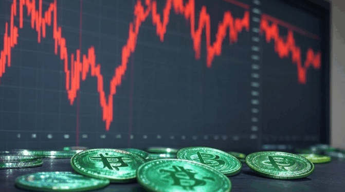 Monedas físicas verdes delante de un gráfico de precios con velas rojas.