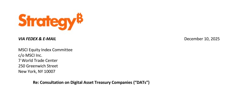 Encabezado de la carta de Strategy que fue remitida a MSCI.