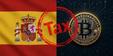 Bandera de España junto a un logo de Bitcoin y un sello con la palabra TAX.