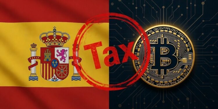 Bandera de España junto a un logo de Bitcoin y un sello con la palabra TAX.