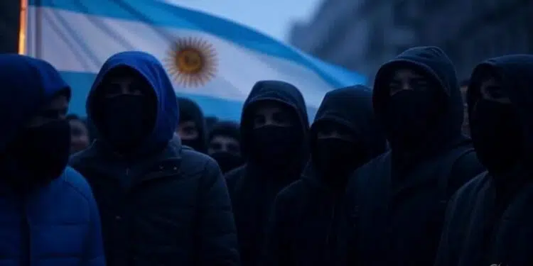 Encapuchados frente a una bandera de Argentina.