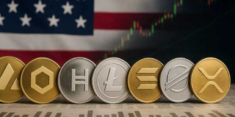 Siete monedas físicas de criptomonedas alineadas en fila y al fondo la bandera de Estados Unidos.