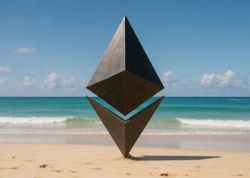 Logo de Ethereum en la playa.