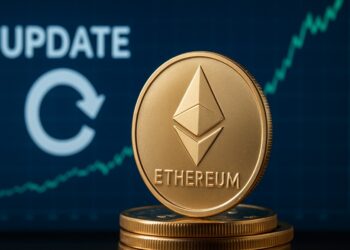 moneda física dorada de Ethereum y en el fondo una pantalla azul con la palabra “UPDATE” y un gráfico financiero que muestra una tendencia alza.