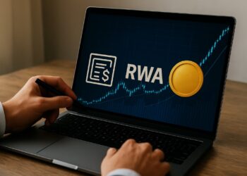 Una laptop tocada con dos manos que muestra en la pantalla RWA con una moneda.