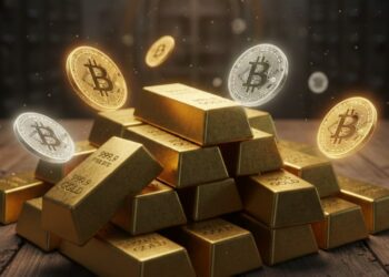 Lingotes de oro junto a moendas físicas de bitcoin doradas.