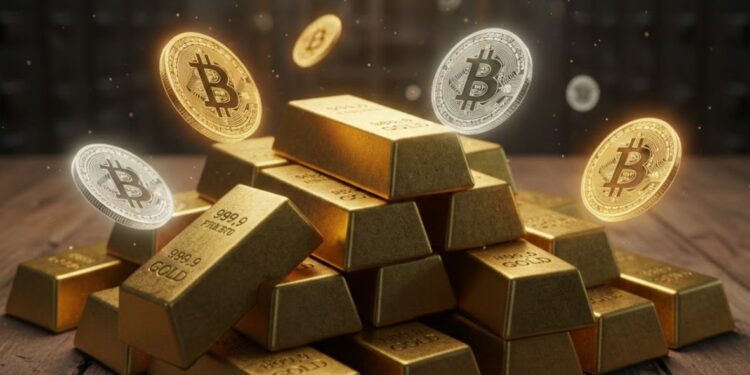 Lingotes de oro junto a moendas físicas de bitcoin doradas.