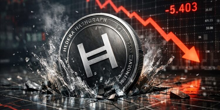 Moneda física de Hedera hundiéndose y rompiendo una superficie con gráficos financieros, mientras un gráfico rojo descendente al fondo.