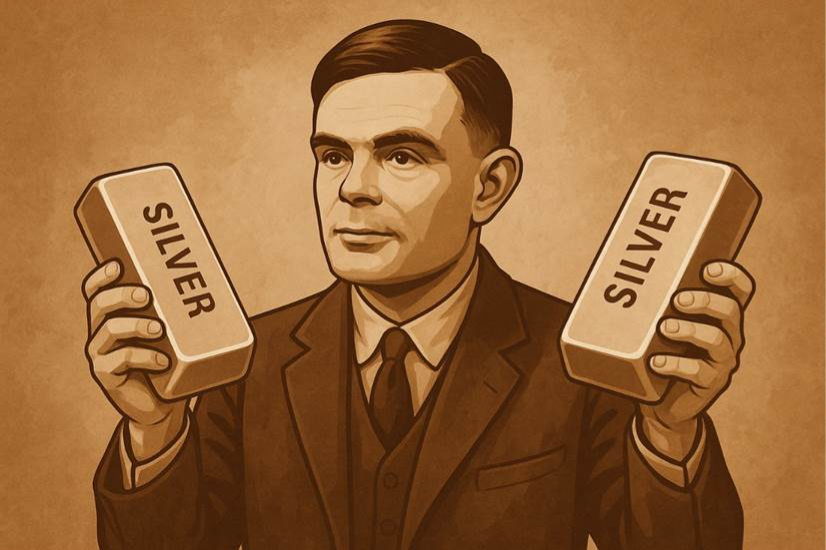 Ilustración en tonos sepia de Alan Turing sosteniendo dos lingotes de plata, en estilo animado.
