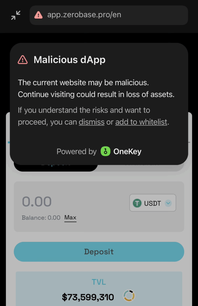 Interfaz de usuario de OneKey con advertencia de contrato malicioso.