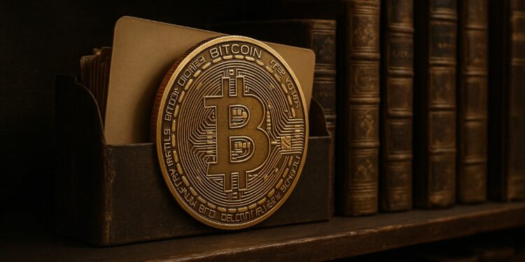 Moneda física de bitcoin dorada en un archivo de biblioteca.