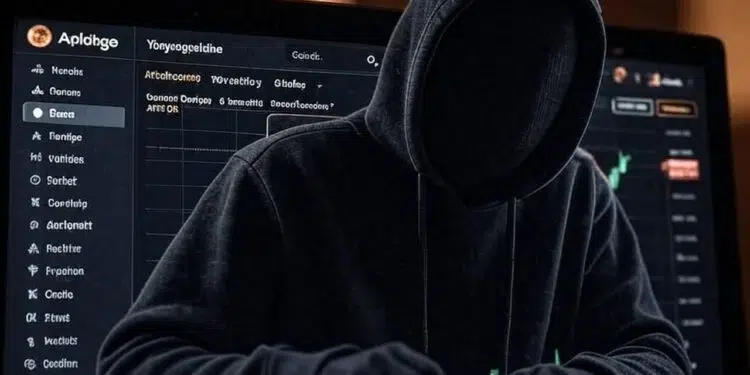 Encapuchado operando una laptop.