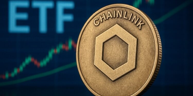 Moneda física de Chainlink y al fondo, una pantalla azul de mercado muestra gráficos de precios en tendencia alcista y las letras grandes “ETF”.