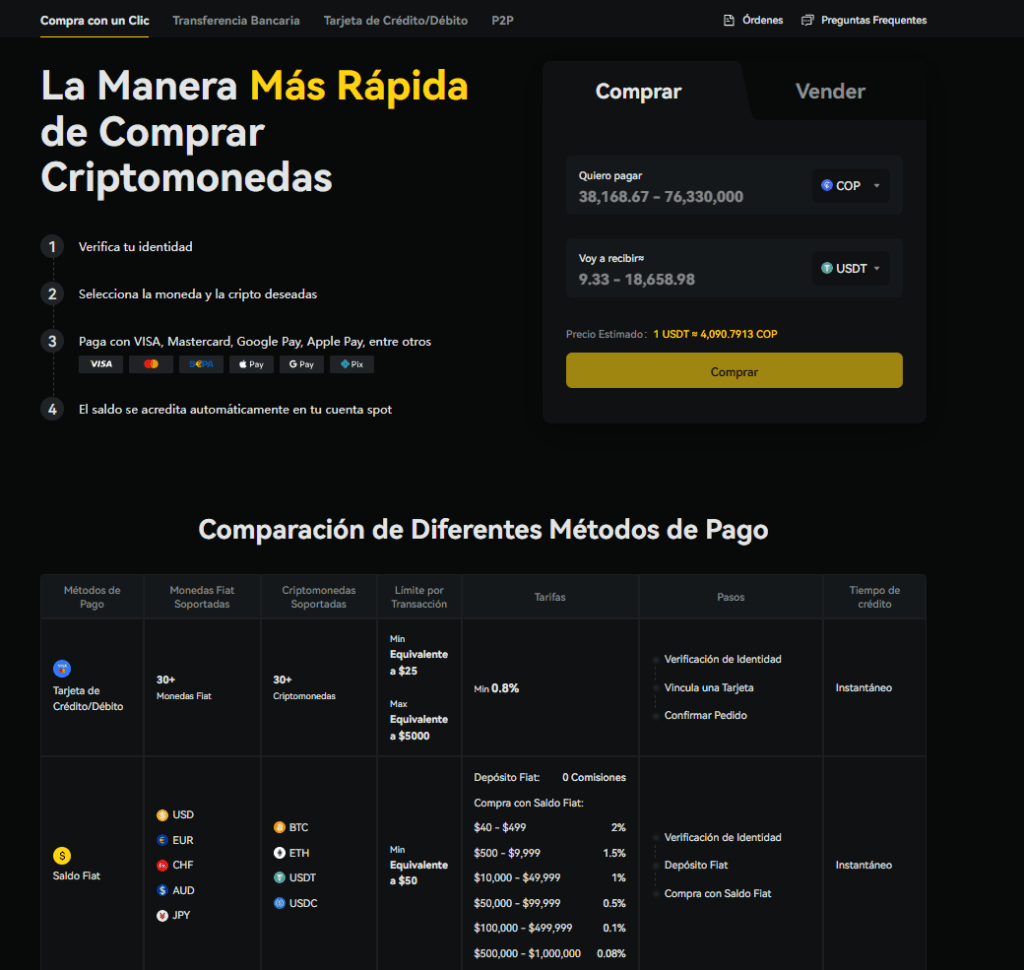 Interfaz de BYDFi donde puedes comprar y vender criptomonedas y métodos de pago