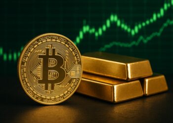 Lingotes de oro junto a una moneda física de bitcoin dorada con gráficos verdes en el fondo.