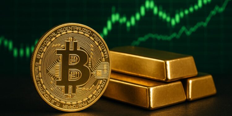 Lingotes de oro junto a una moneda física de bitcoin dorada con gráficos verdes en el fondo.