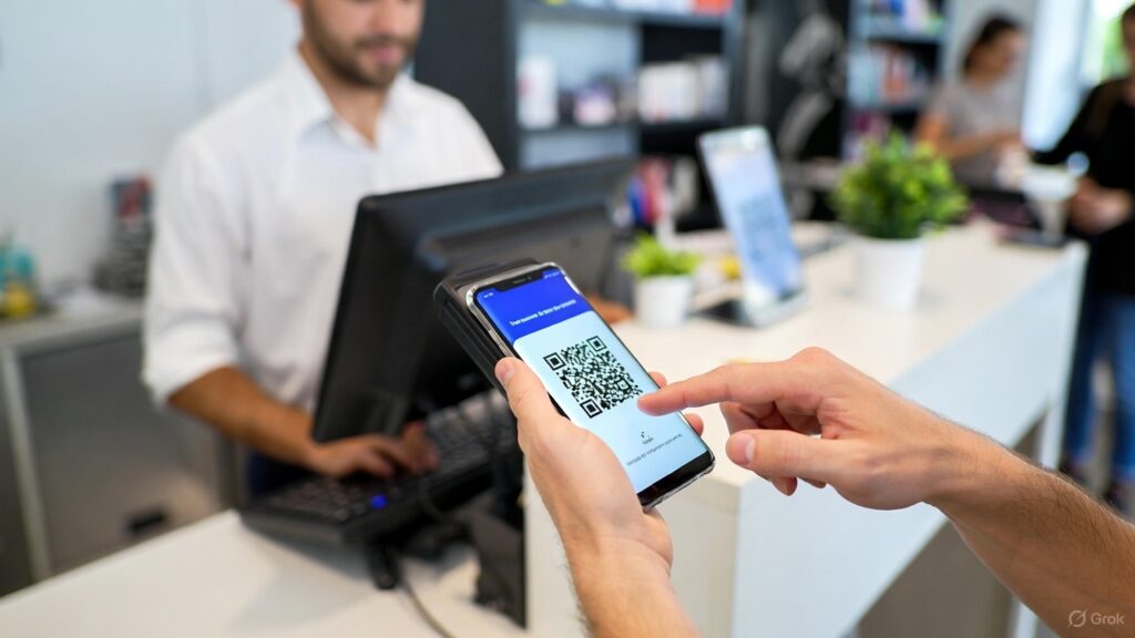 Una persona pagando con QR a través de su celular en un negocio.