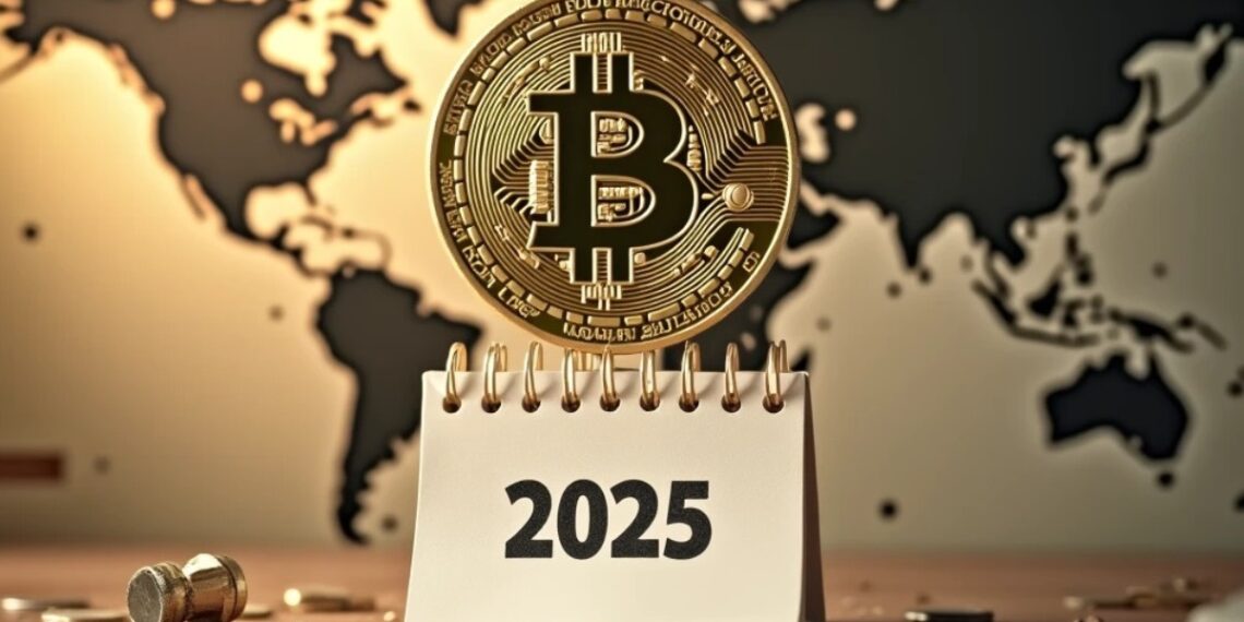 mapa mundo en un fondo amarillento con una moneda de bitcoin en primer plano y debajo un calendario de 2025