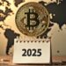 mapa mundo en un fondo amarillento con una moneda de bitcoin en primer plano y debajo un calendario de 2025