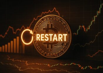 Moneda física de bitcoin dorada con la palabra "restart" y gráficas en el fondo.