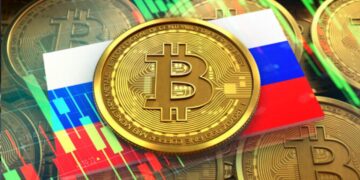 Bitcoin y bandera de Rusia.