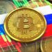 Bitcoin y bandera de Rusia.