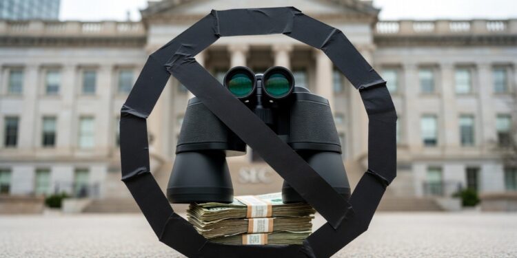 Binoculares y dinero con símbolo de prohibido, y detrás la SEC.