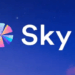 El logo de la criptomoneda sky sobre un cielo violeta.