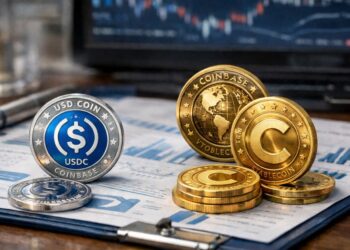 Varias monedas físicas representando stablecoins sobre un escritorio financiero.