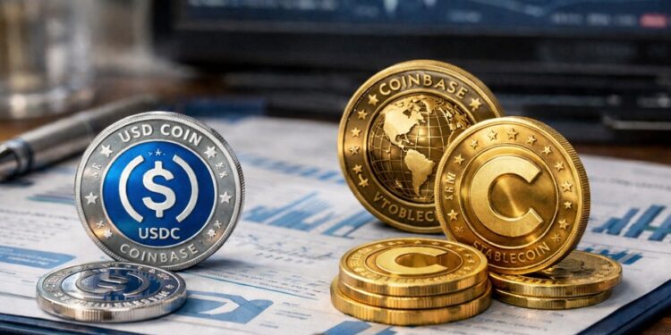 Varias monedas físicas representando stablecoins sobre un escritorio financiero.