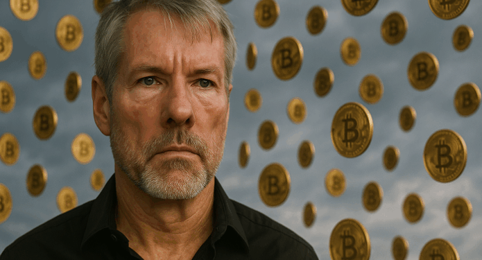 Michael Saylor en primer plano y una "lluvia de bitcoin" en el fondo.